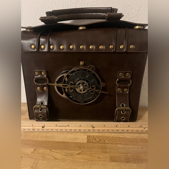 Penny Dreadful Steampunk Clock Brown Faux Leather Studded Buckles Details Bag - Picture 10 of 12
